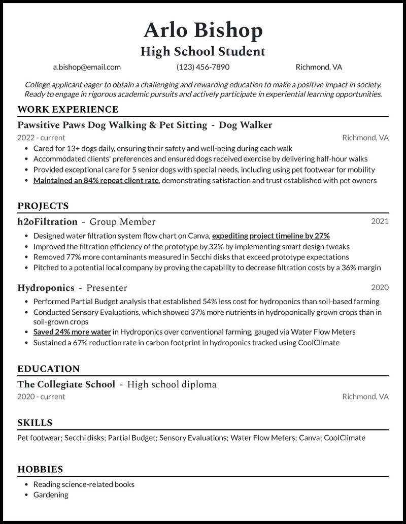 high school resume format for college application