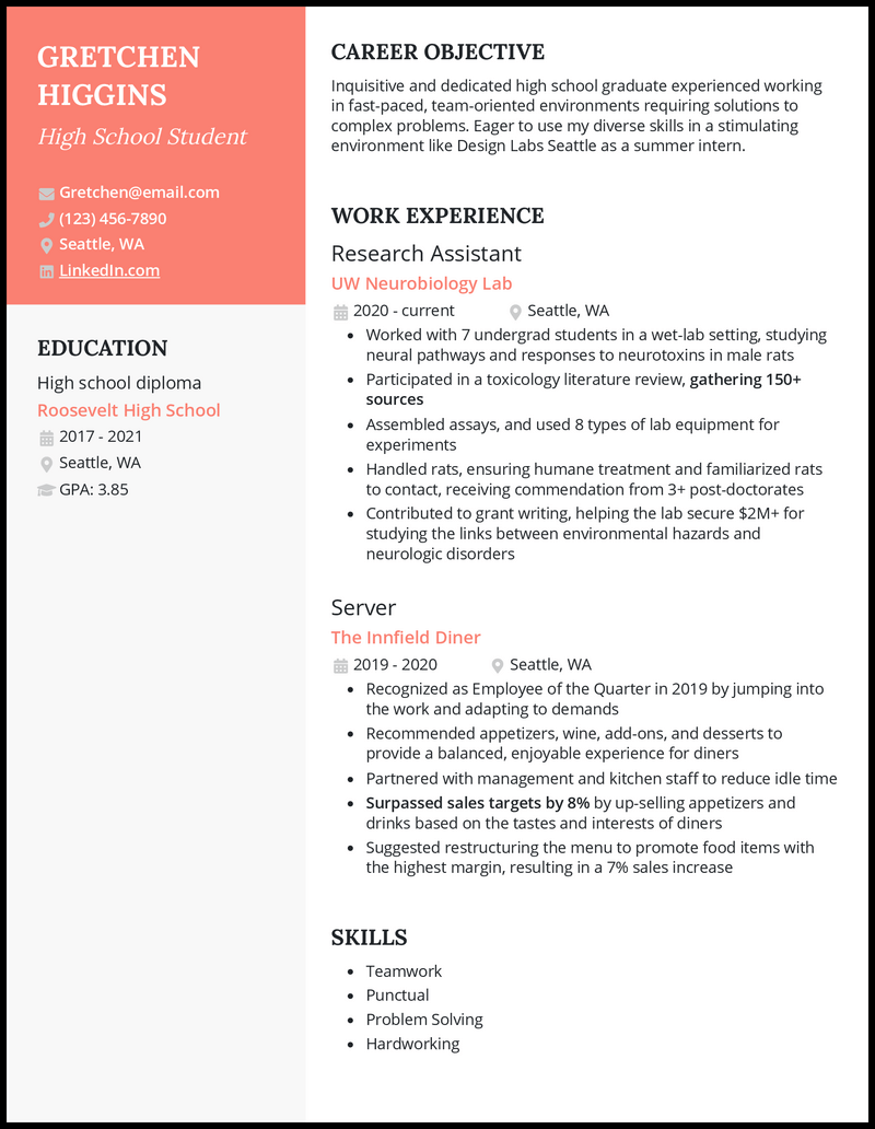 High school student for college resume example with 6+ years experience