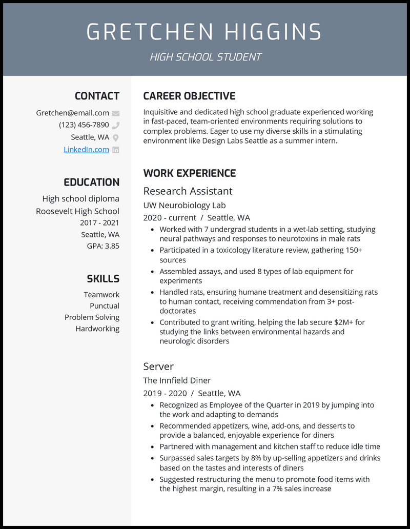 Elegant high school student for college resume example