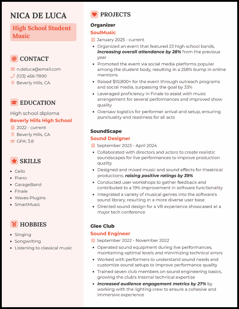 High school student music resume example with 8+ years experience