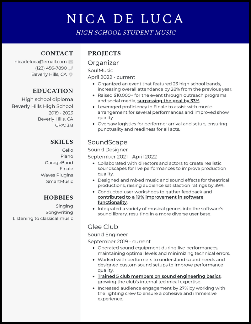 Elegant high school student music resume example with 8+ years experience