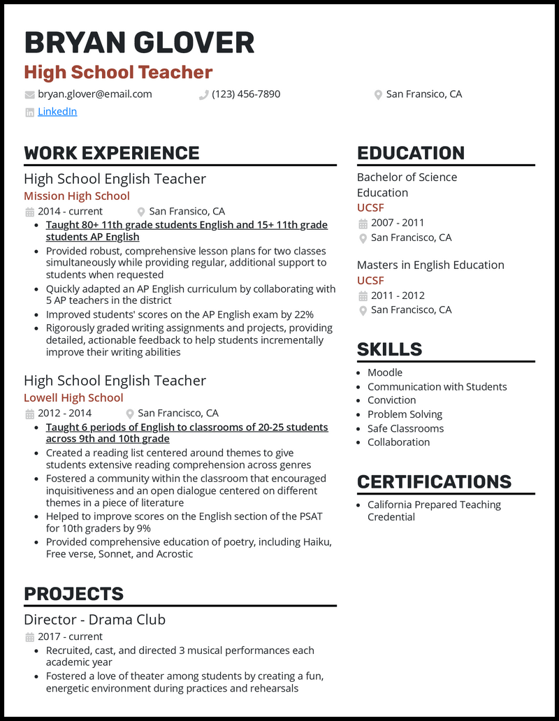 Resume Example 2024 High School Aurie Carissa   High School Teacher Standout Resume Example 