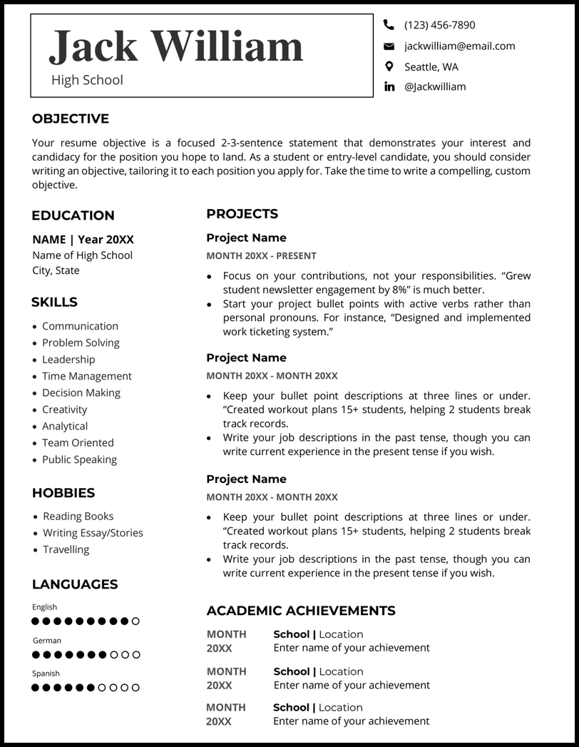 High school resume template for Word