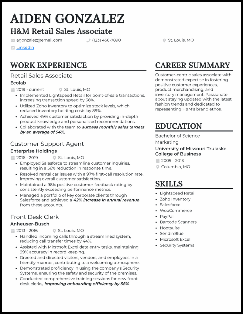 H&M retail sales associate resume example with 7 years of experience