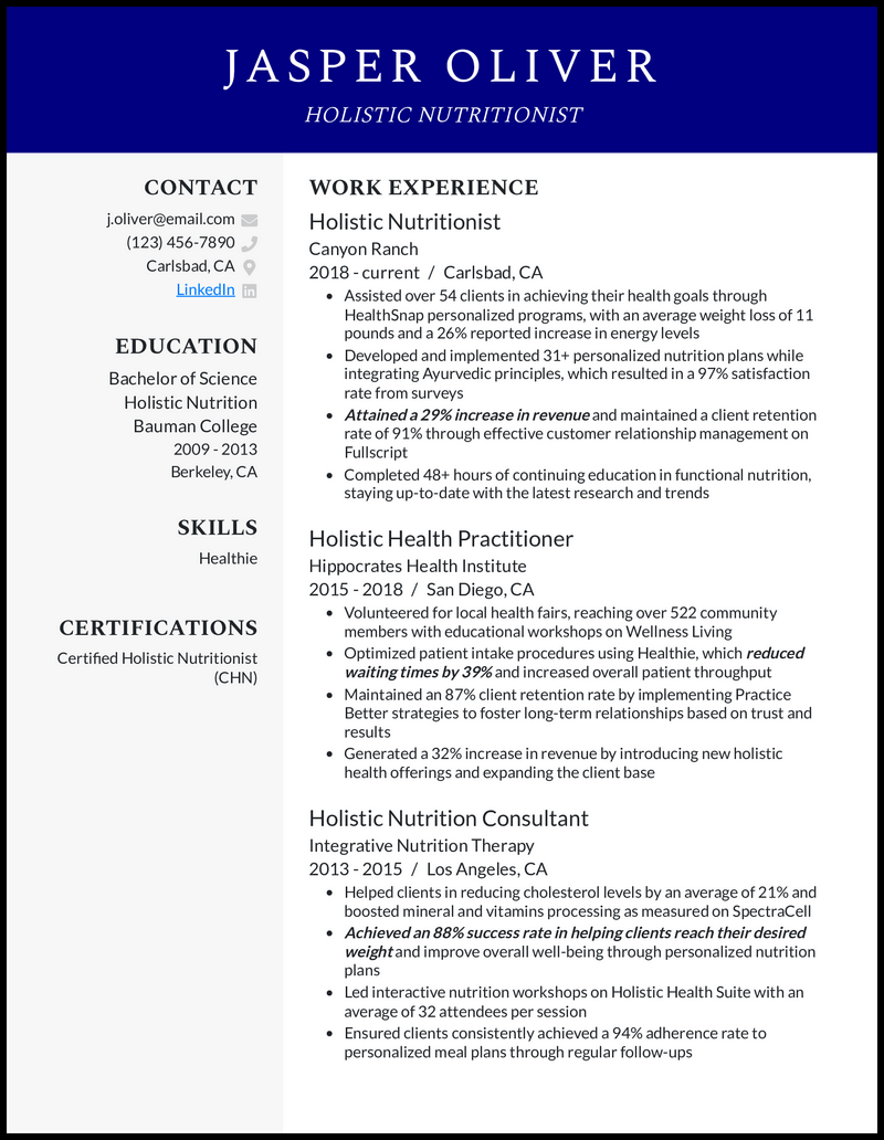 Holistic Nutritionist resume example with 10 years of experience