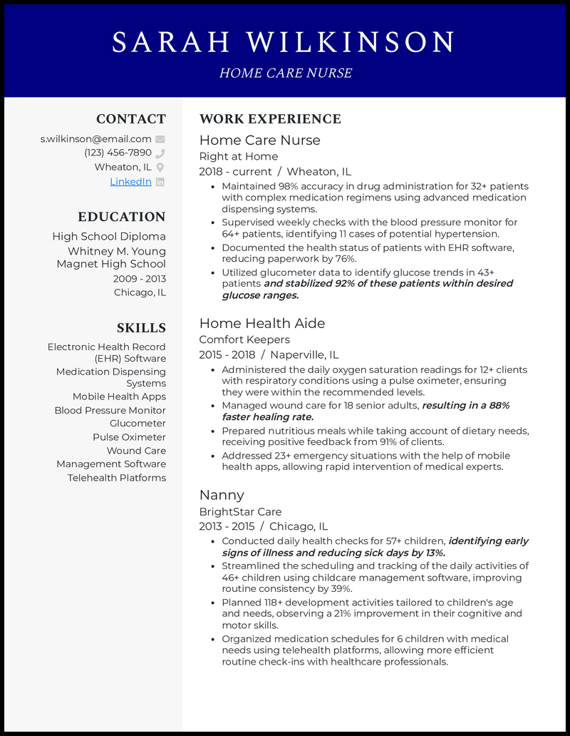 Home care nurse resume example with 8 years of experience