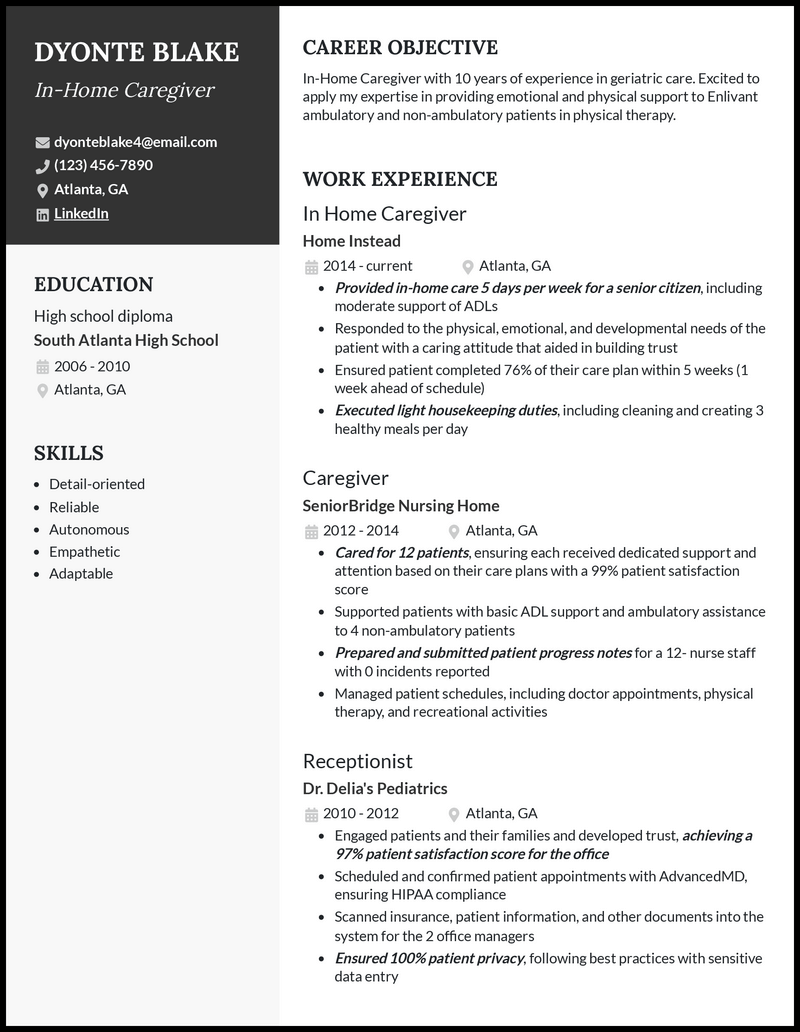 Home caregiver resume example with 5+ years experience