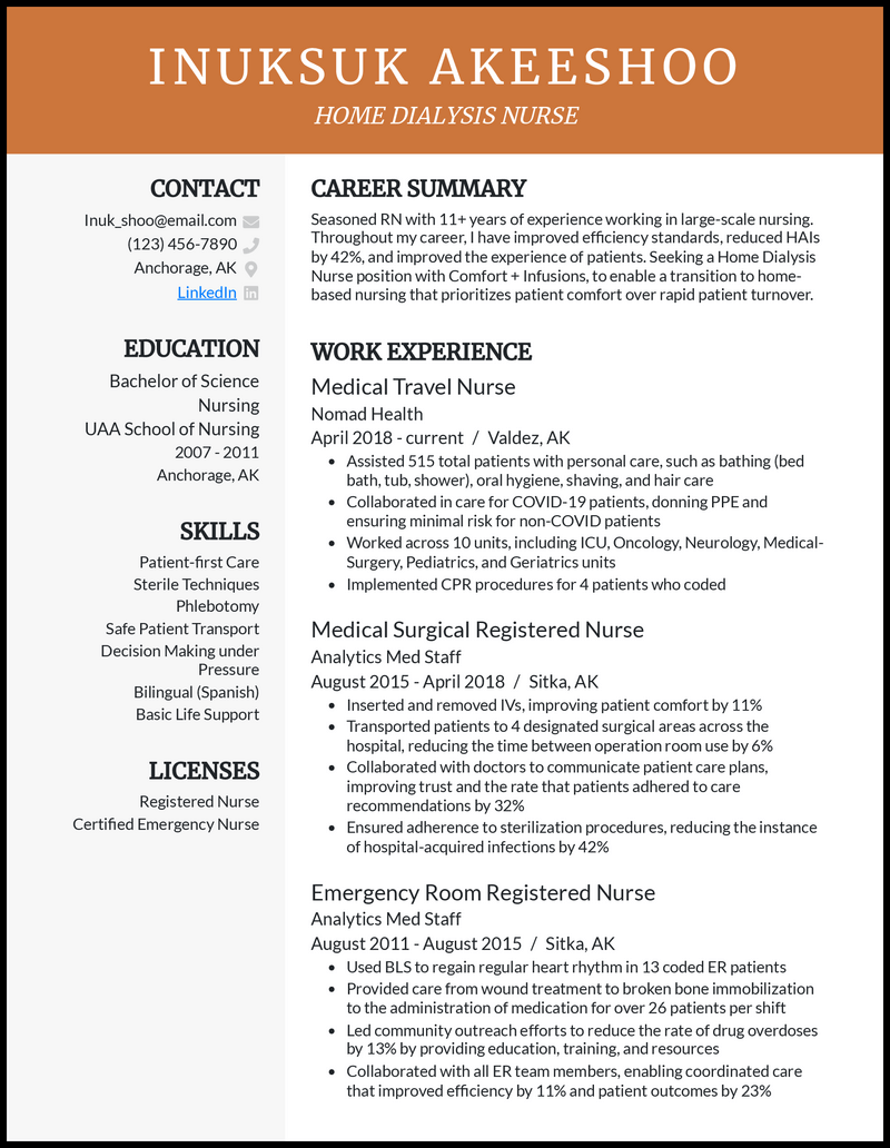 Home dialysis nurse resume example with 11+ years of experience