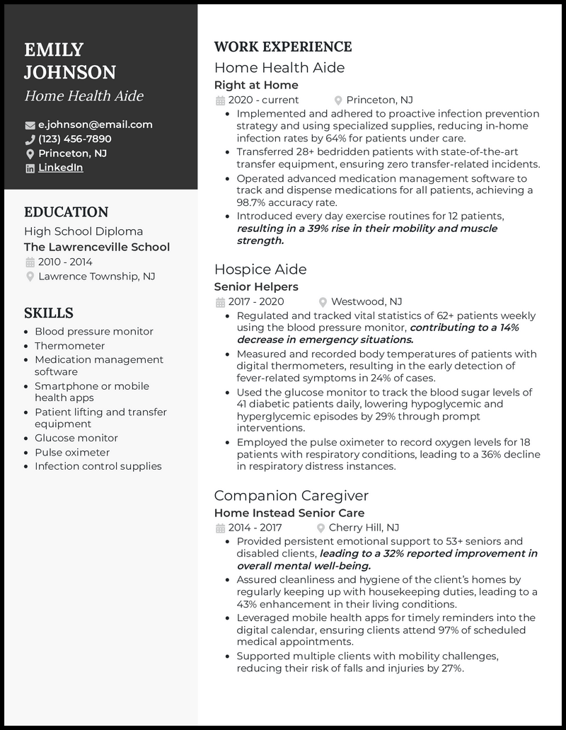 Home health aide resume example with 6 years of experience