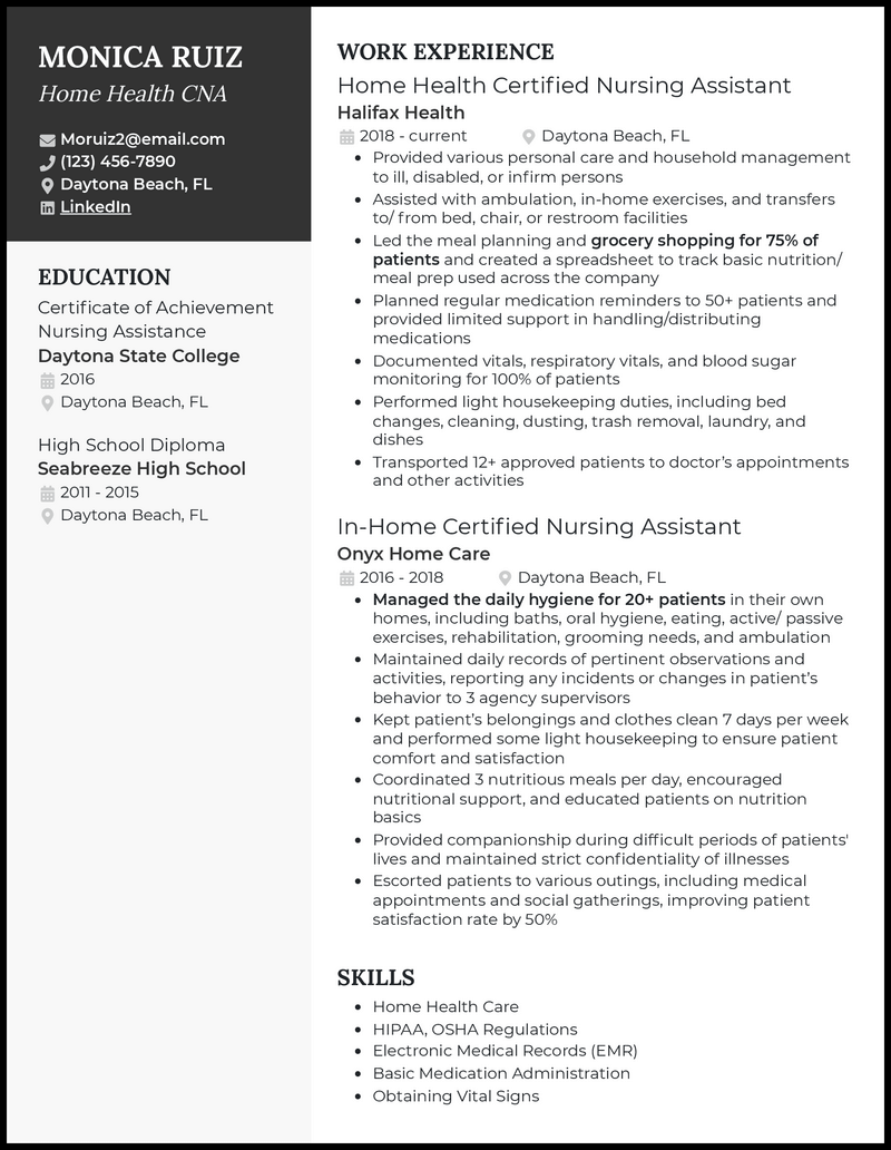 Home health cna resume example with 7+ years experience