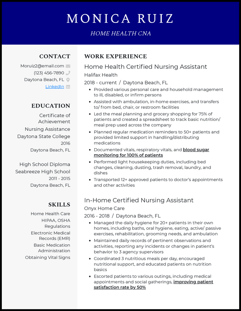 Professional home health cna resume example