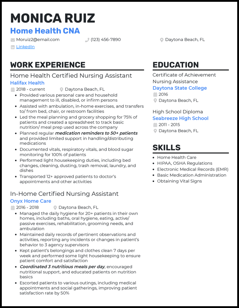 Modern home health cna resume example