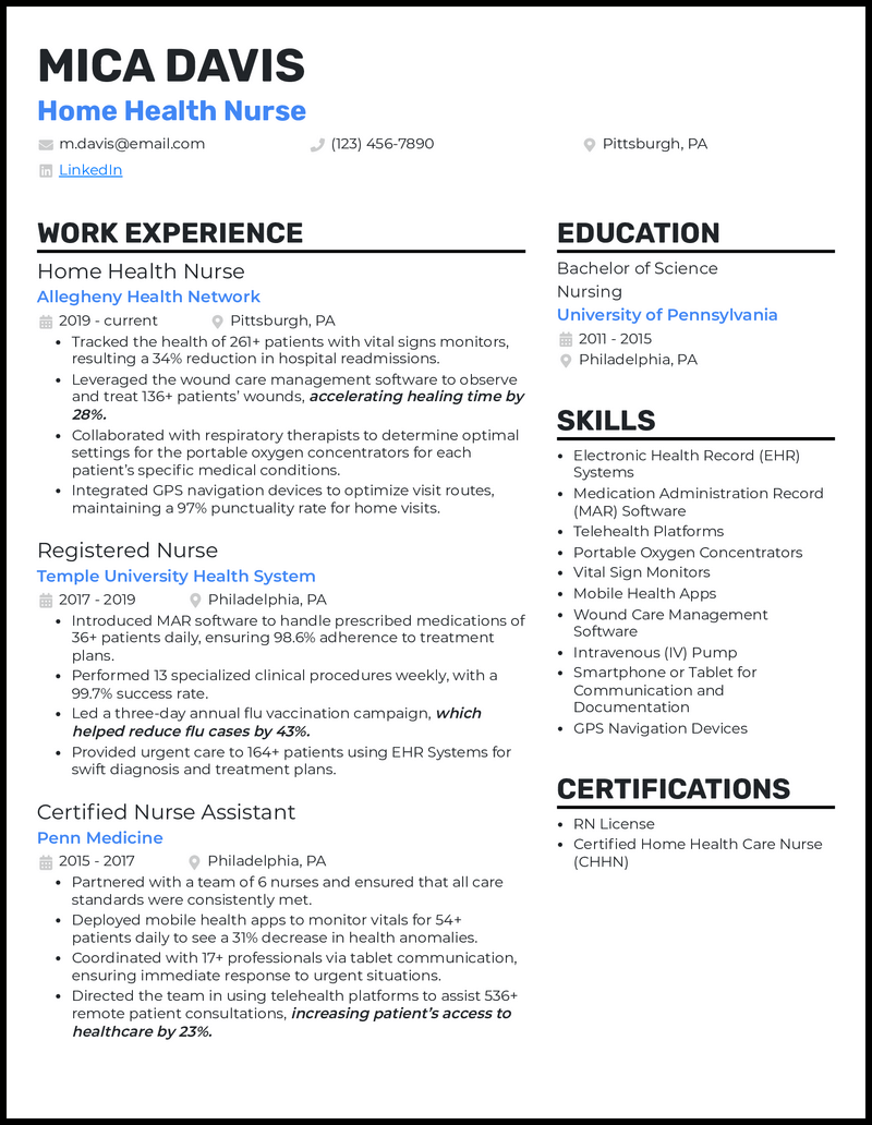 Home health nurse resume example with 6 years of experience