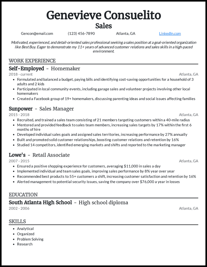 Homemaker resume example with 11 years of experience