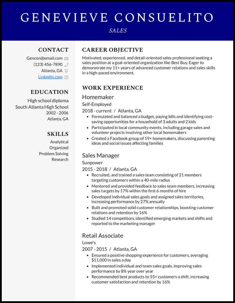 3 Homemaker Resume Examples That - Homemaker Royal Blue Resume Example 