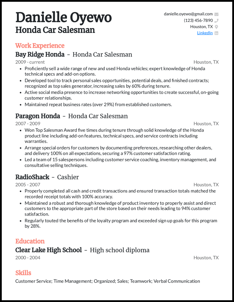 7 Car Salesman Resume Examples - Honda Car Salesman Salmon Resume Example 