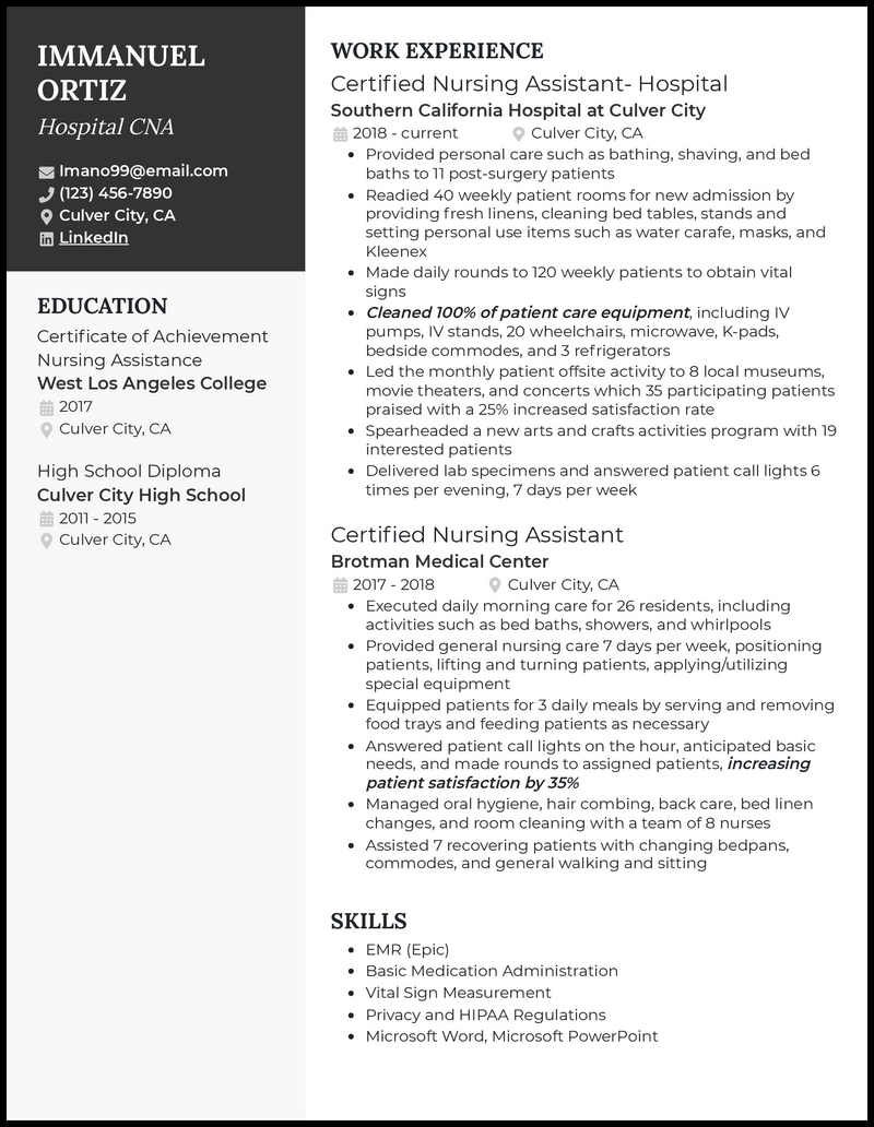 Hospital cna resume example with 5+ years experience