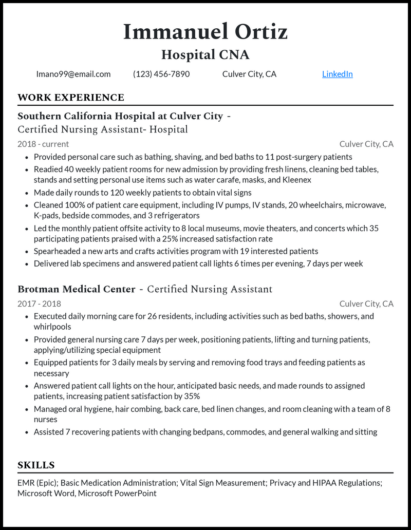 Elegant hospital cna resume example