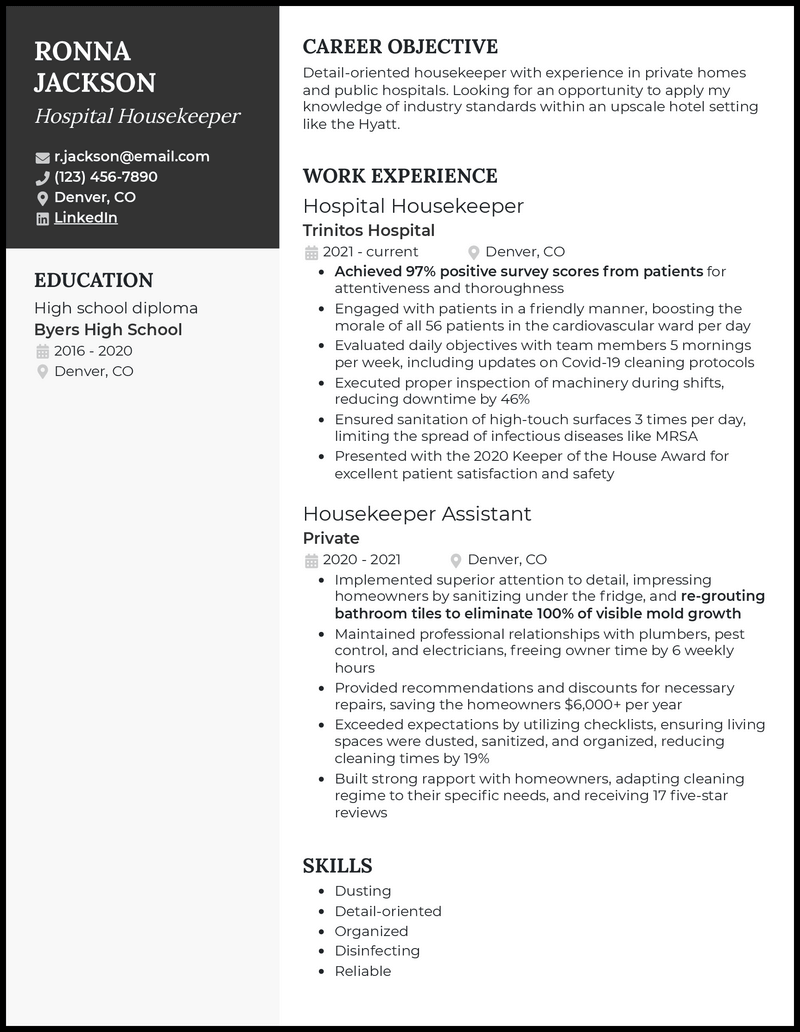 Hospital housekeeping resume example with 8+ years experience