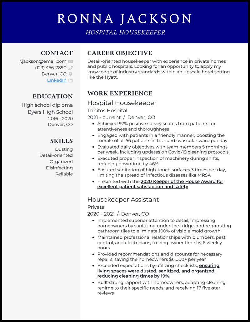 Modern hospital housekeeping resume example with 8+ years experience