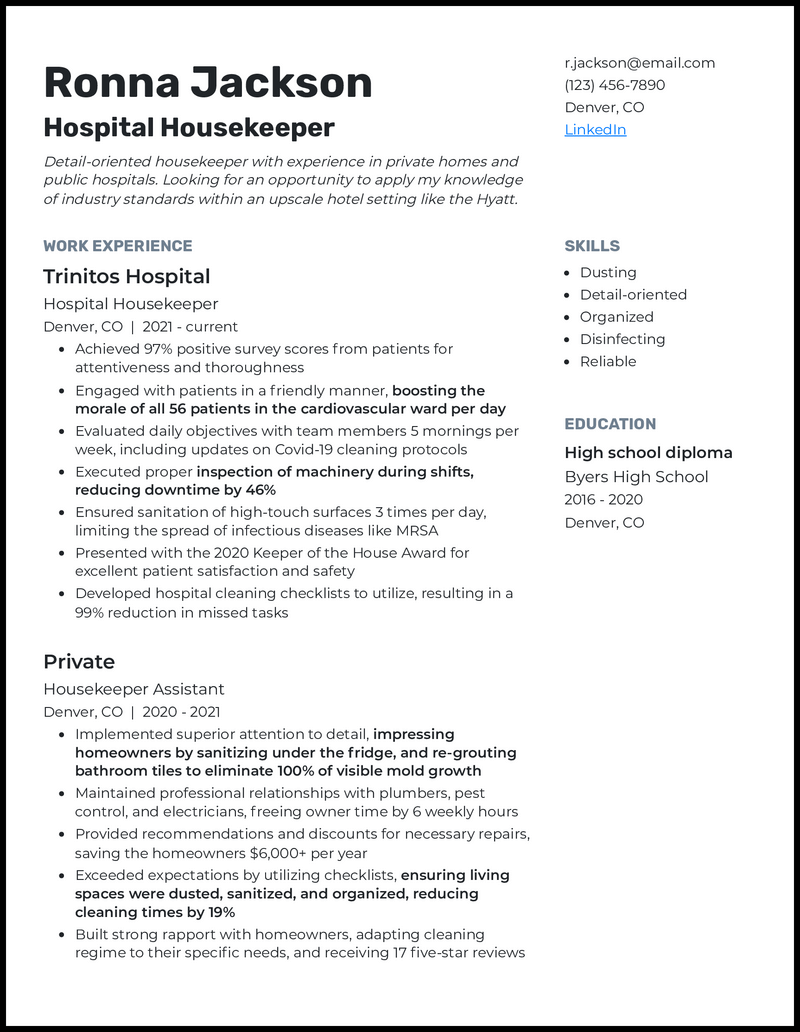 Hospital housekeeping resume example with 2 years of experience 