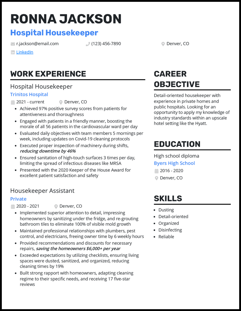 Clean hospital housekeeping resume example with 8+ years experience