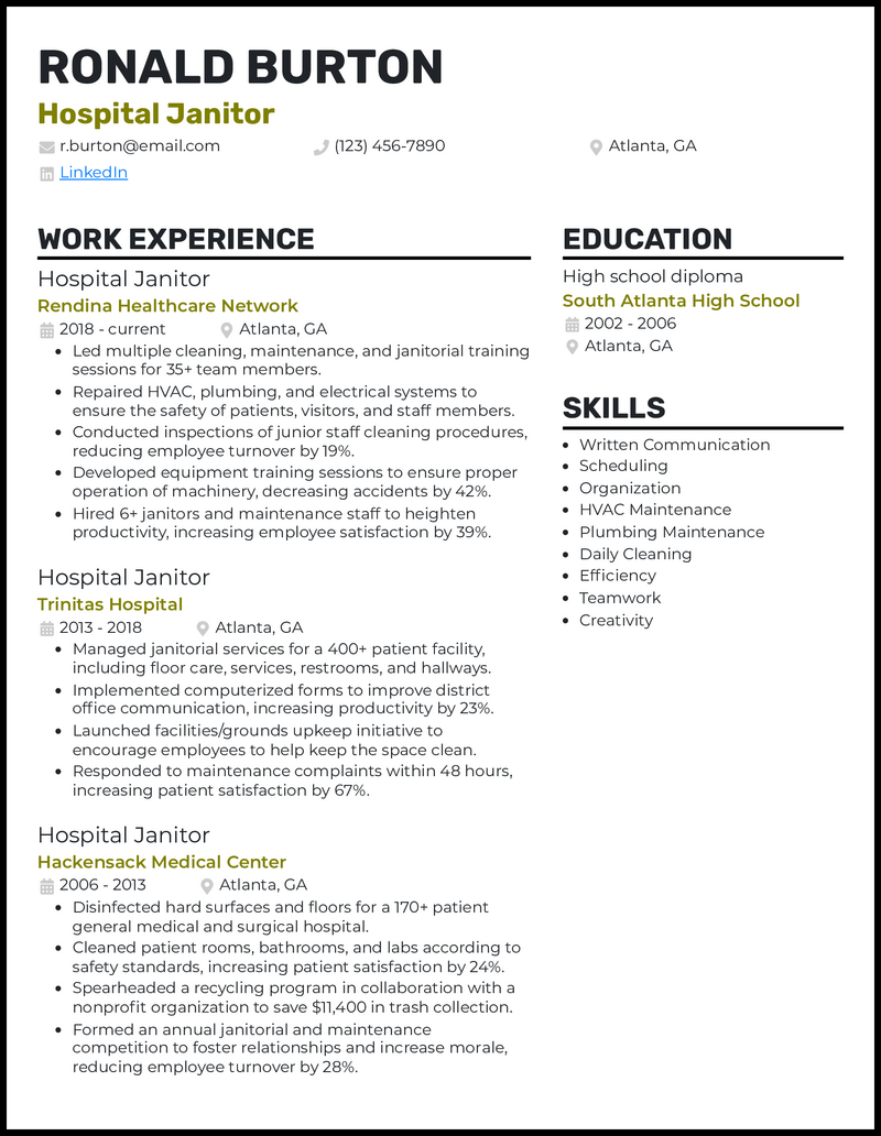 7 Janitor Resume Examples amp Templates - Hospital Janitor Olive Resume Example 