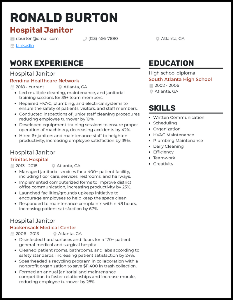 Hospital janitor resume example with 17 years of experience