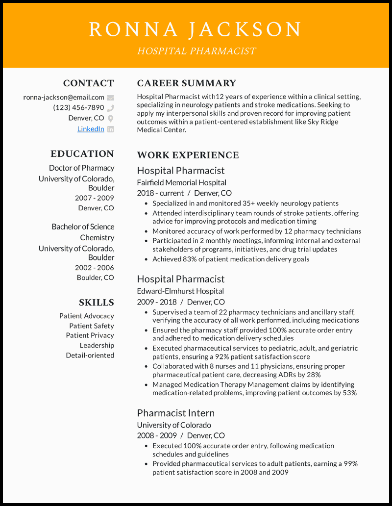 Hospital pharmacist resume example with 12 years of experience 