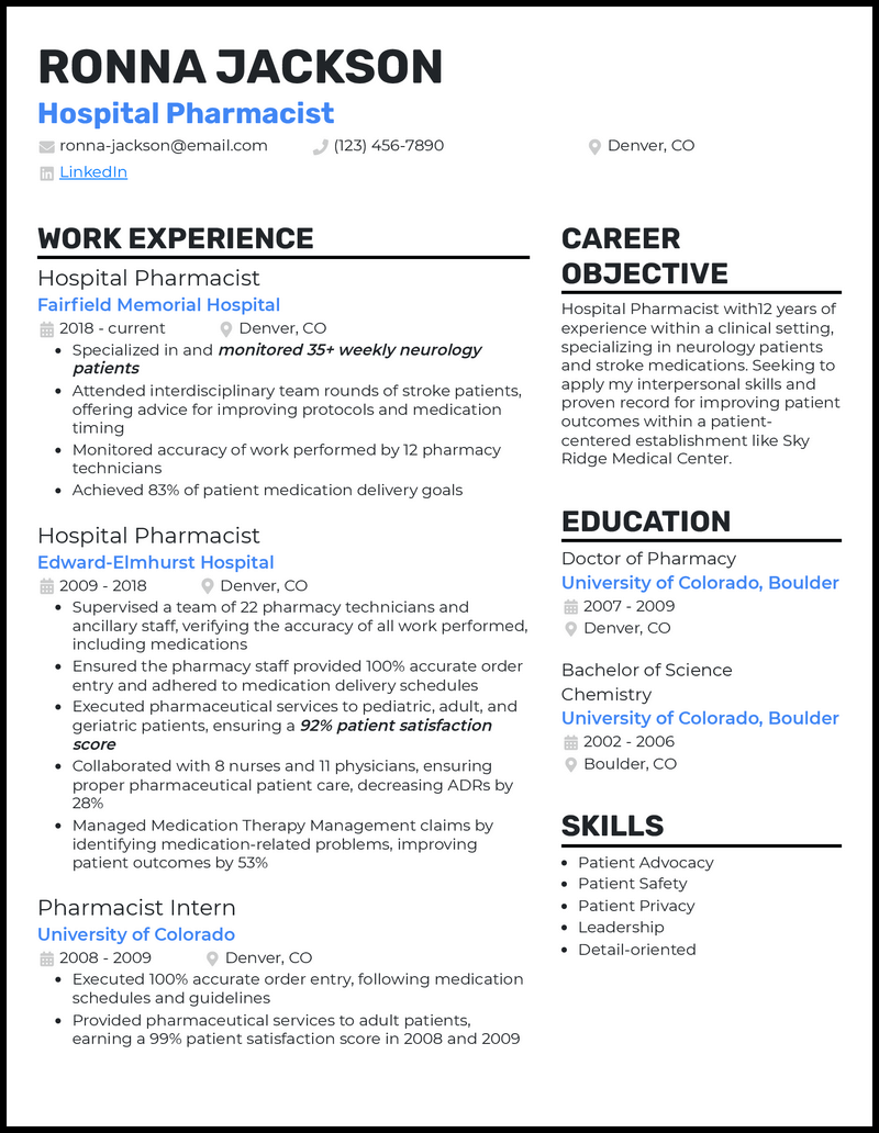 sample resume for fresher pharmacist