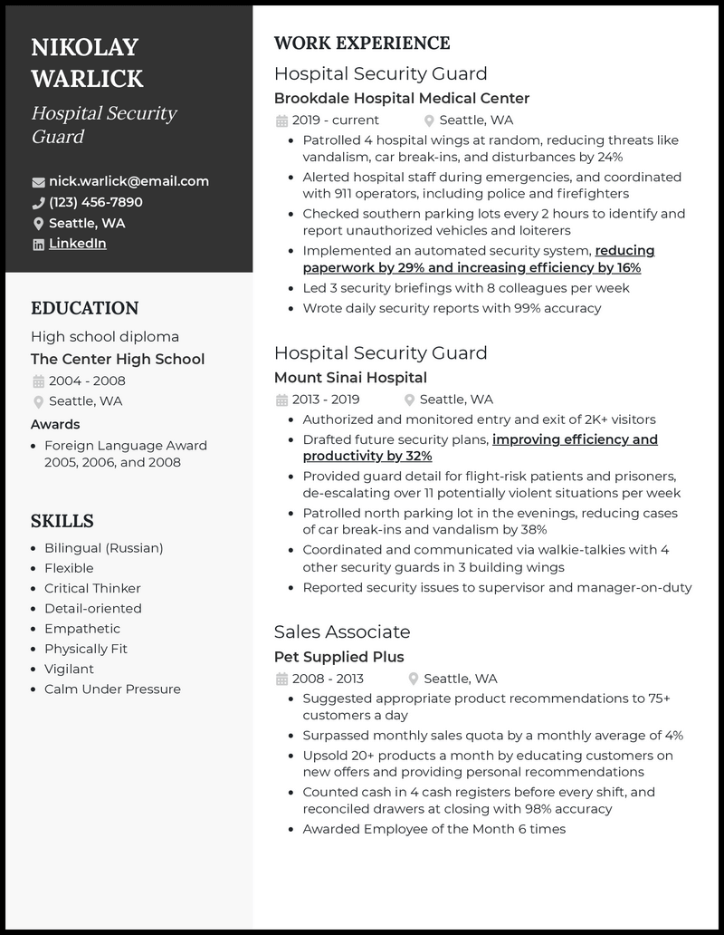 Elegant hospital security guard resume example with 7+ years experience