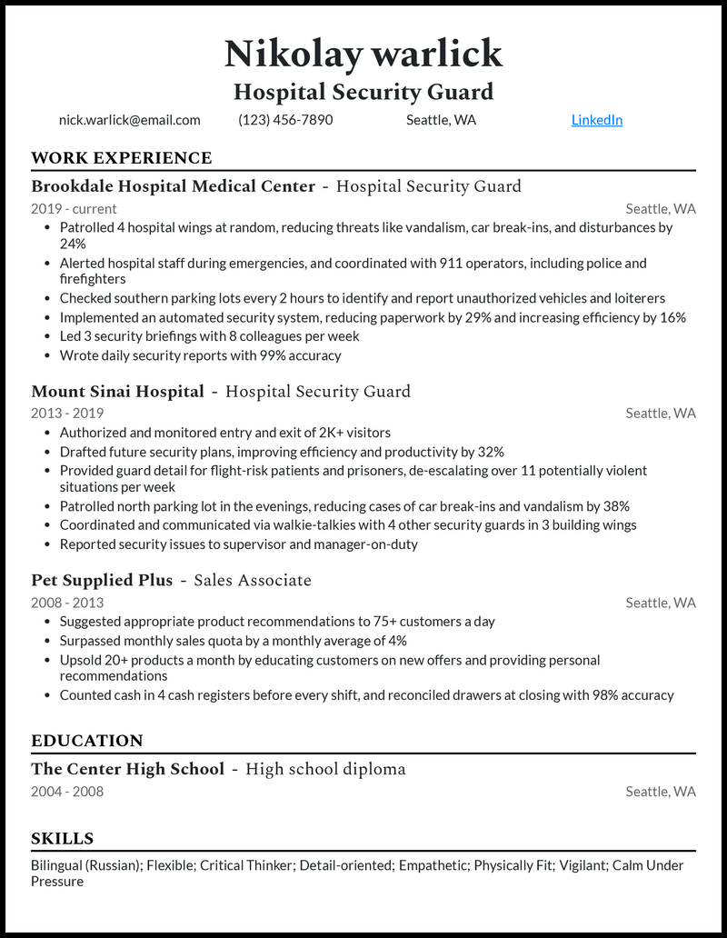 Clean hospital security guard resume example with 7+ years experience