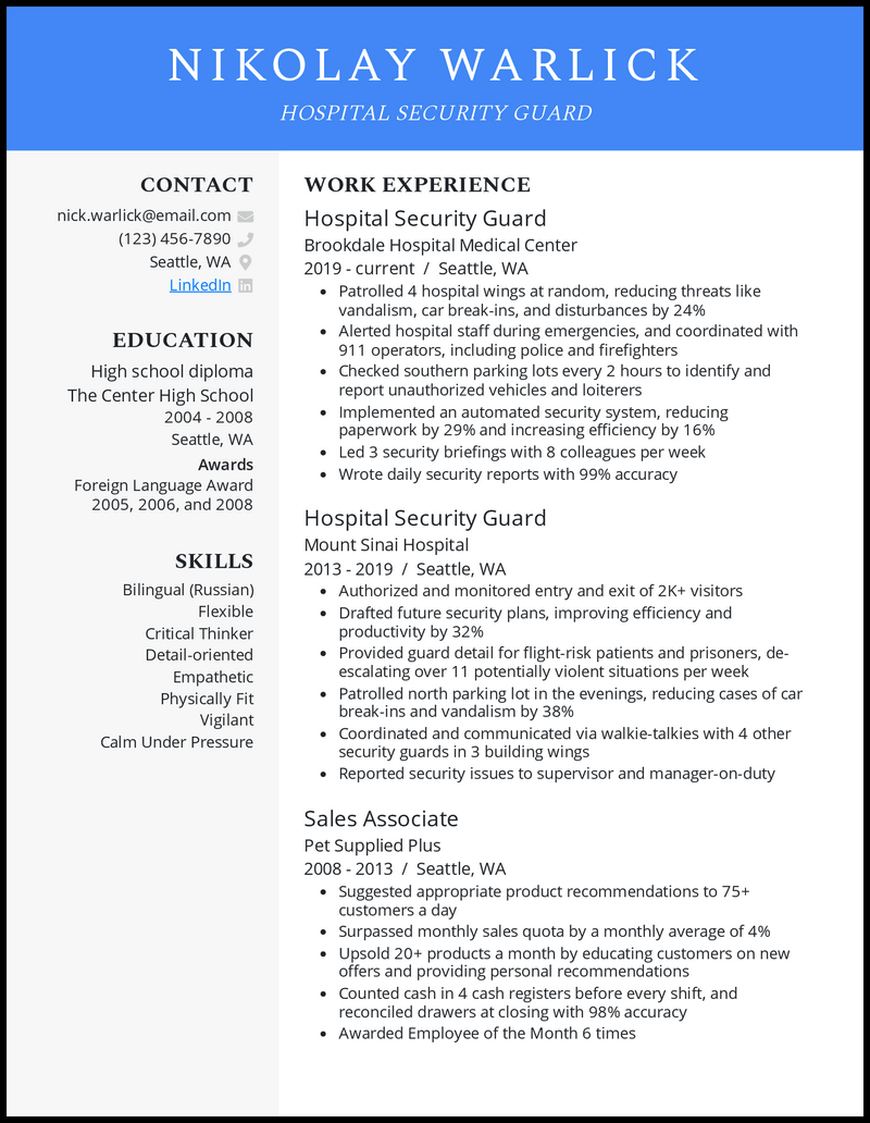 Hospital security guard resume example with 9 years of experience