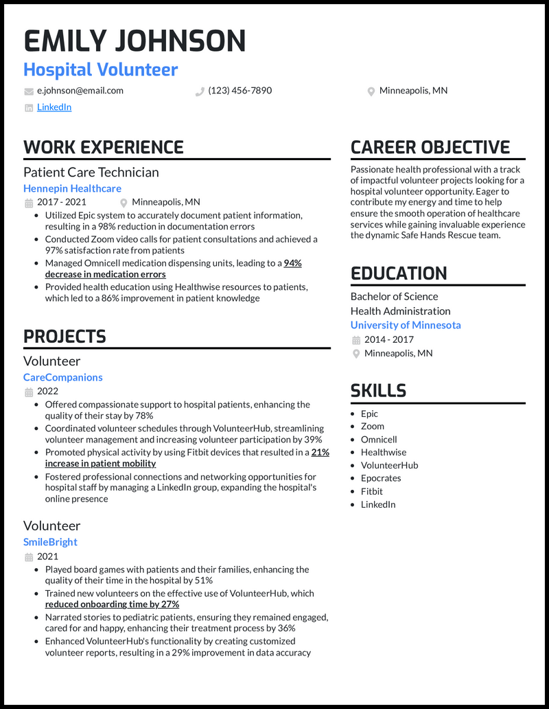 Hospital volunteer resume example with CareCompanions project experience