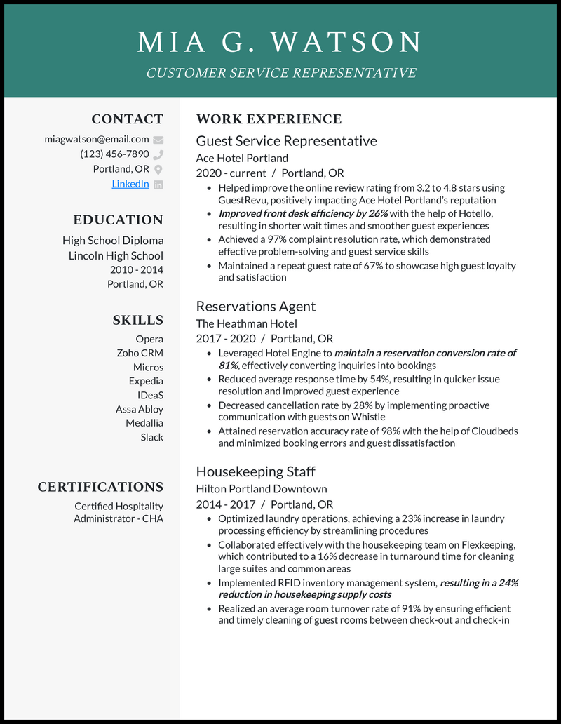 Hospitality resume example with 9 years of experience