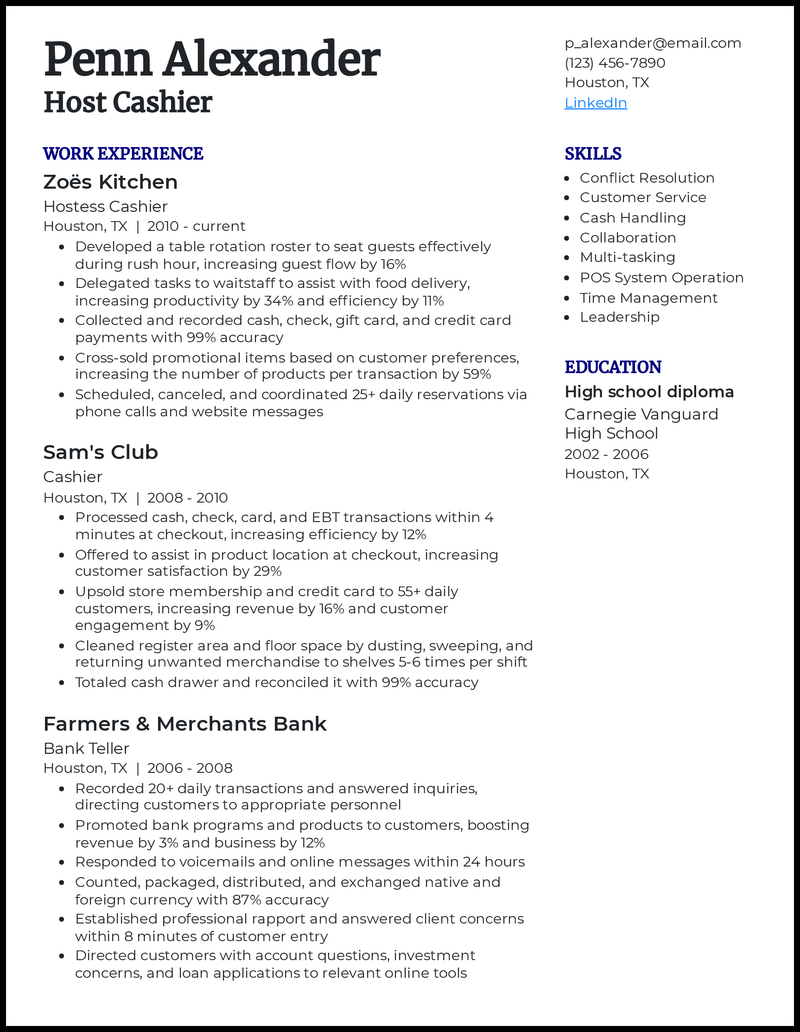 sample resume for restaurant hostess