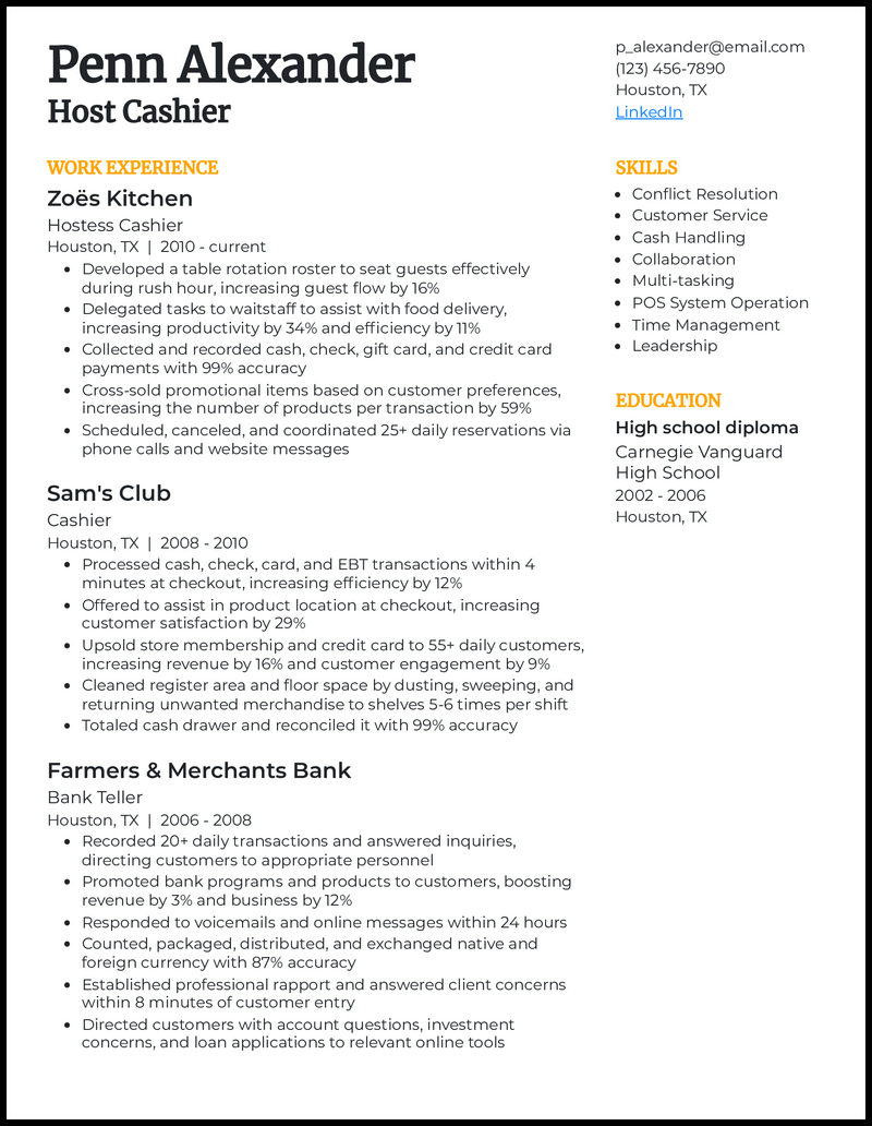 12 Hostess Resume Examples amp Templates - Hostess Cashier Yellow Resume Example 