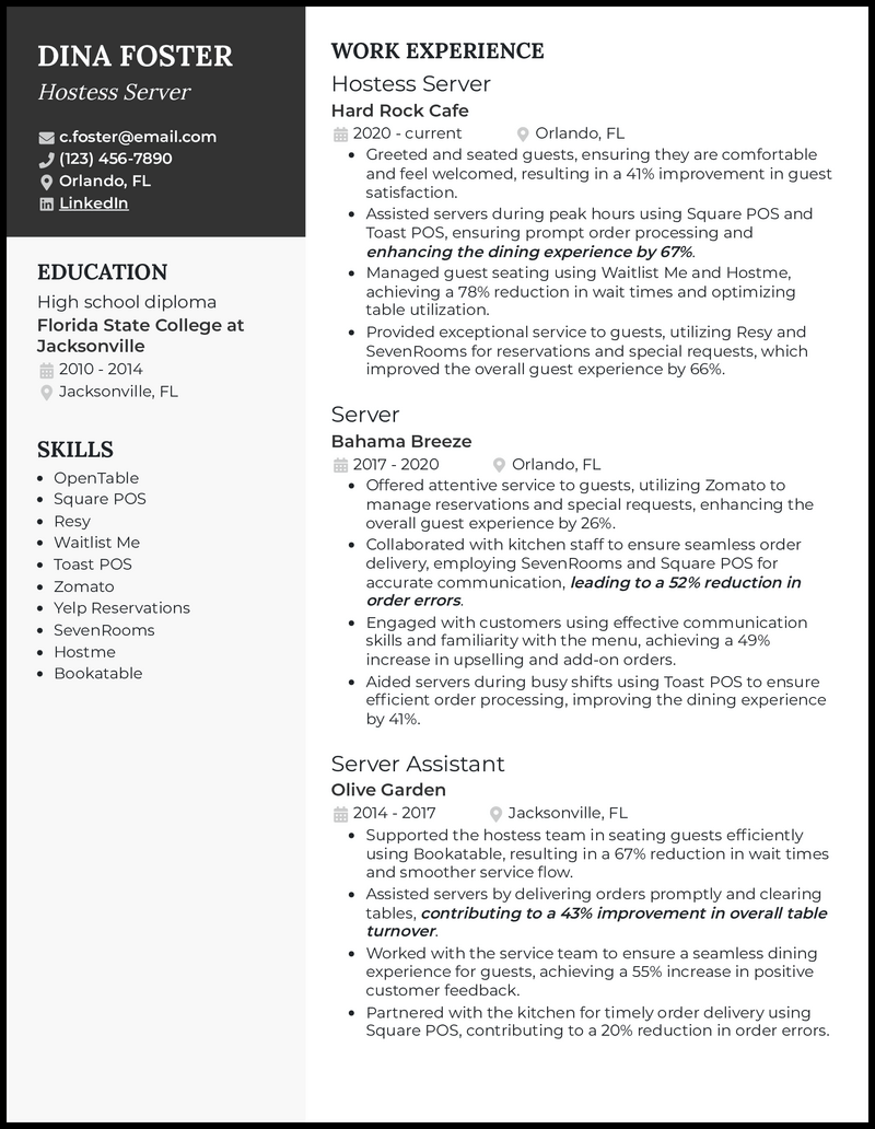 Hostess server resume example with 9 years of experience