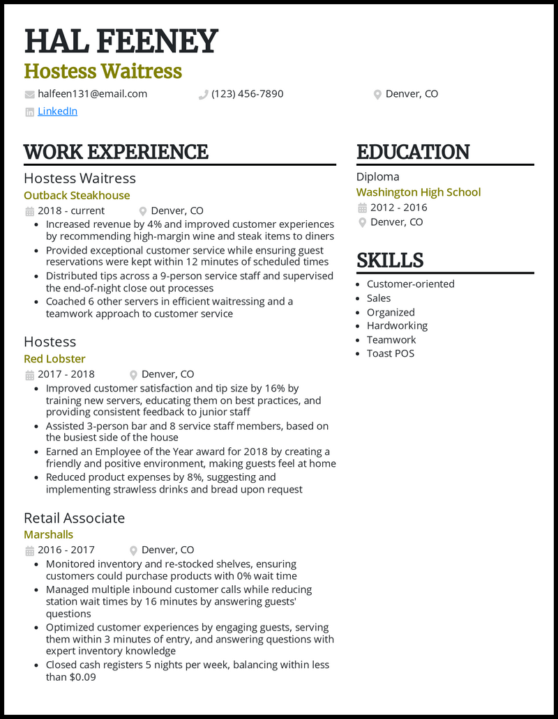 resume examples for restaurant hostess