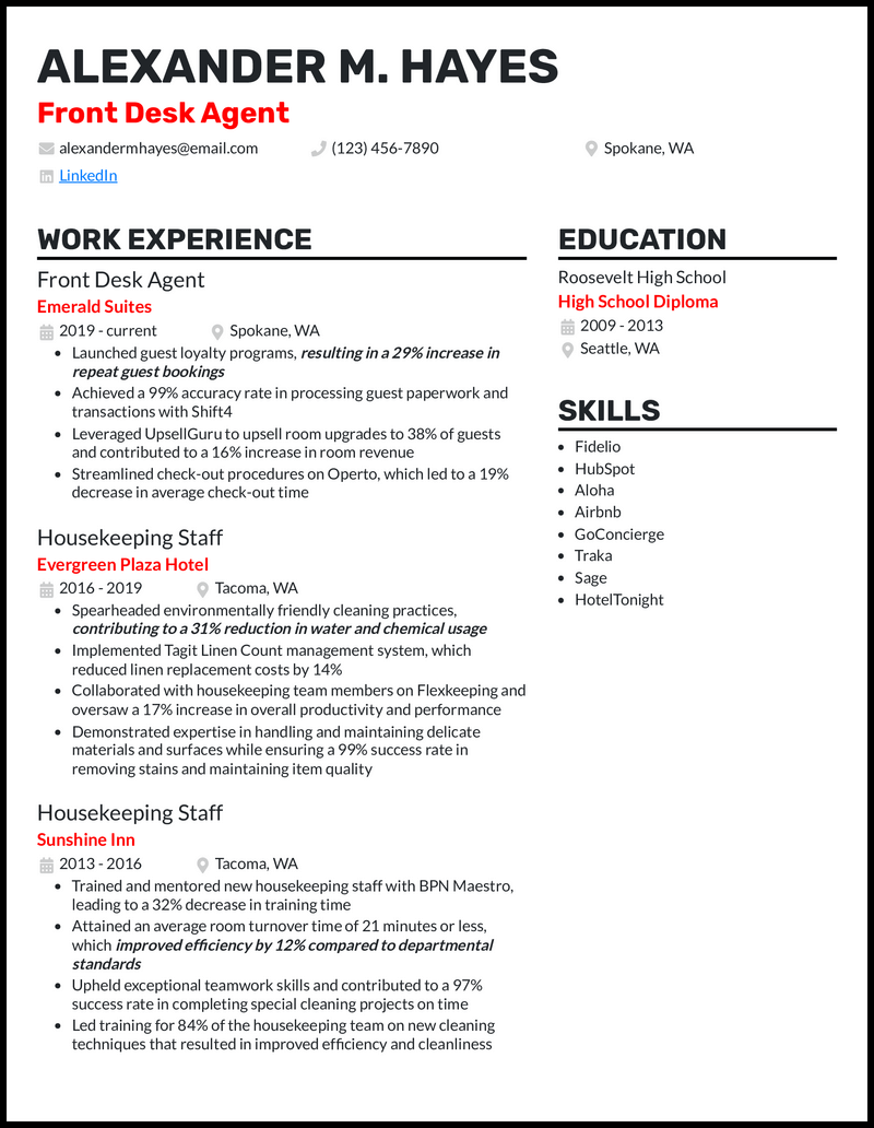 Hotel front desk resume example with 10 years of experience