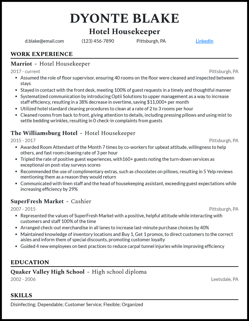hotel housekeeping resume Hotel housekeeping resume sample