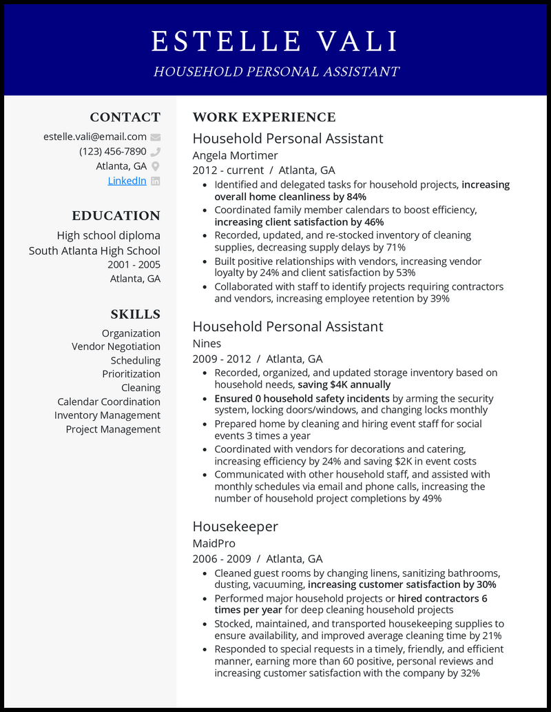 Household personal assistant resume example with 14 years experience