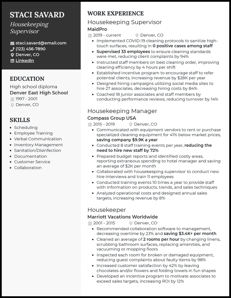 Housekeeping supervisor resume example with 4+ years experience