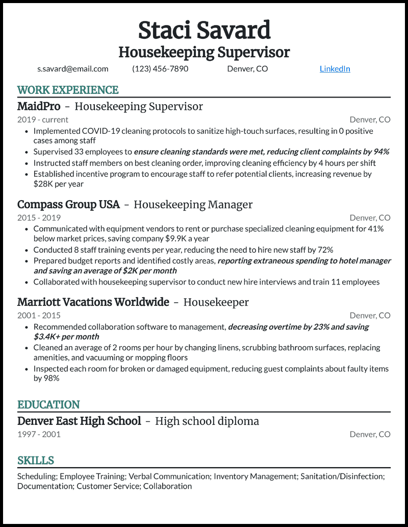 resume examples for housekeeping at a hospital