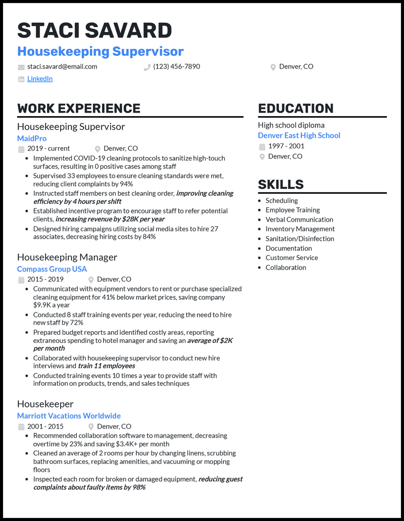 Professional housekeeping supervisor resume example with 4+ years experience