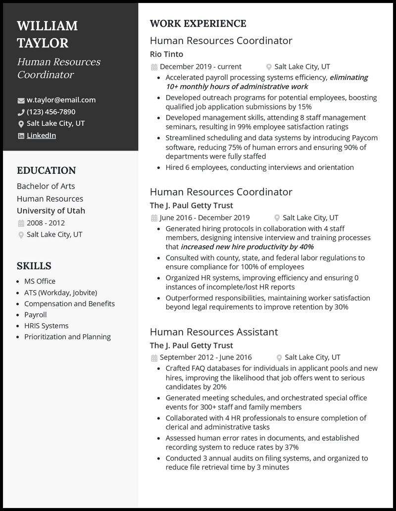 Hr coordinator resume example with 6+ years experience