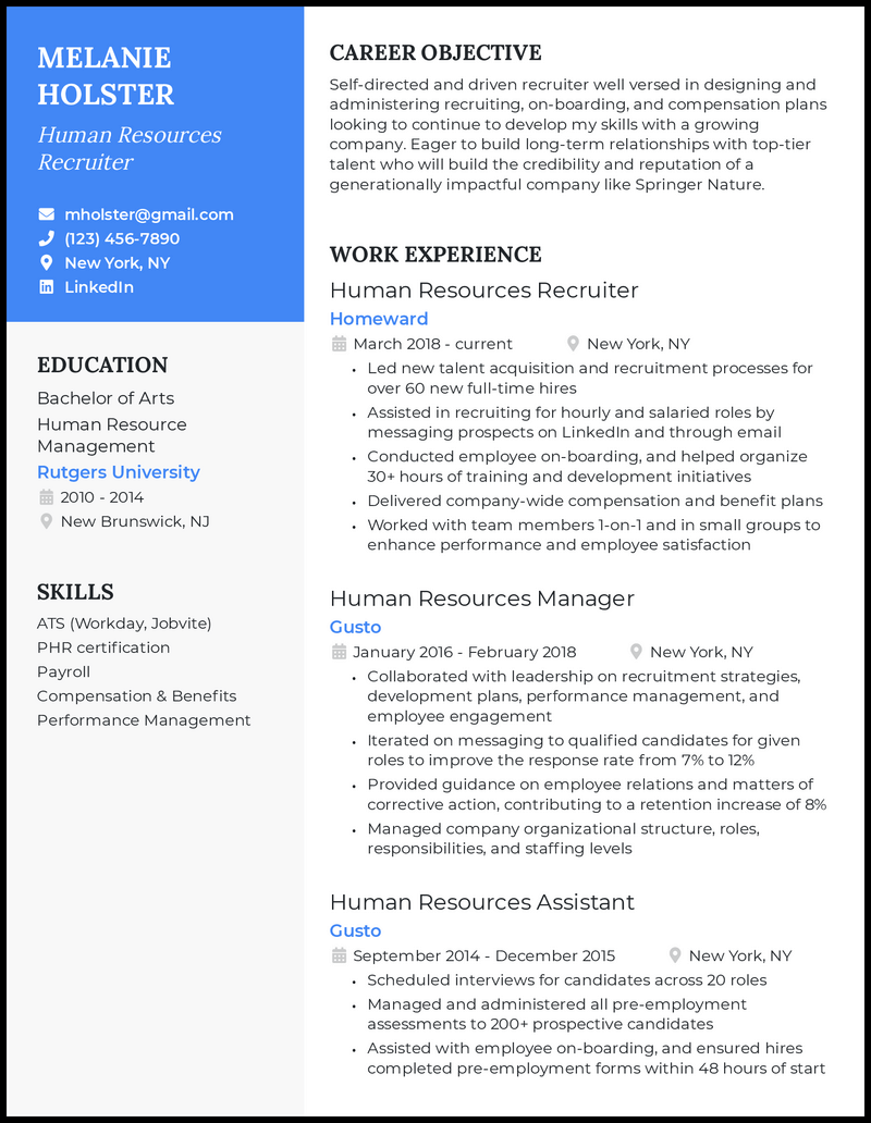 Hr recruiter resume example with 10+ years of experience