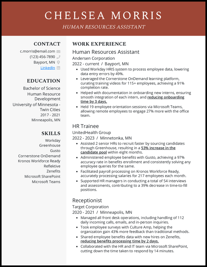 5 Human Resources HR Assistant - Human Resources Assistant 2 Red Brown Resume Example 