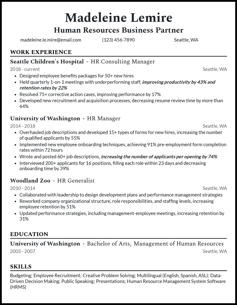 human resources tasks for resume