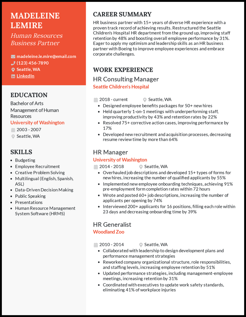 Human resources business partner resume example with 10+ years of experience